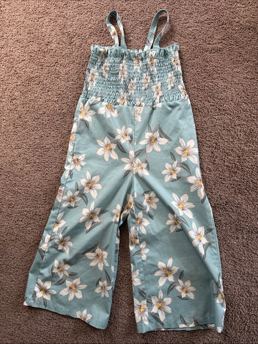 Girls Smocked Floral Wide-Leg Jumpsuit - Sage Green